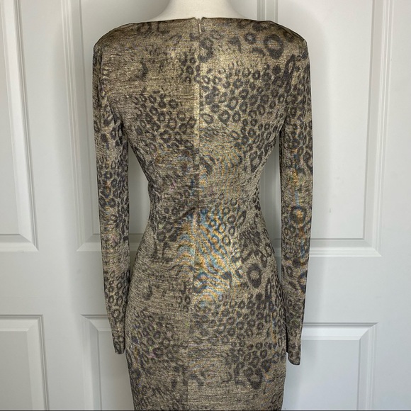 Cache Leopard Ruched Zipper Detail Dress Small Gold Brown Animal Print Stretch - Picture 10 of 12